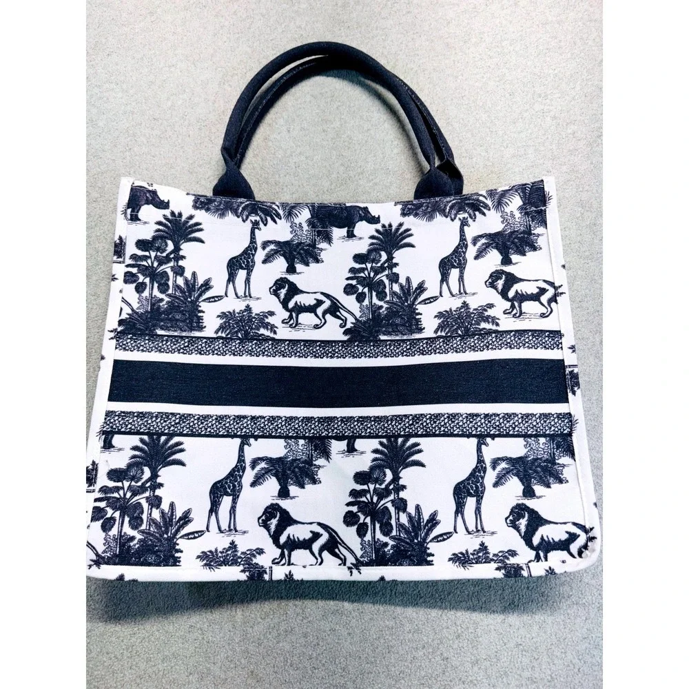 Safari Print Tote Bag Jungle Animal Canvas Tote Navy White Striped Lined Travel